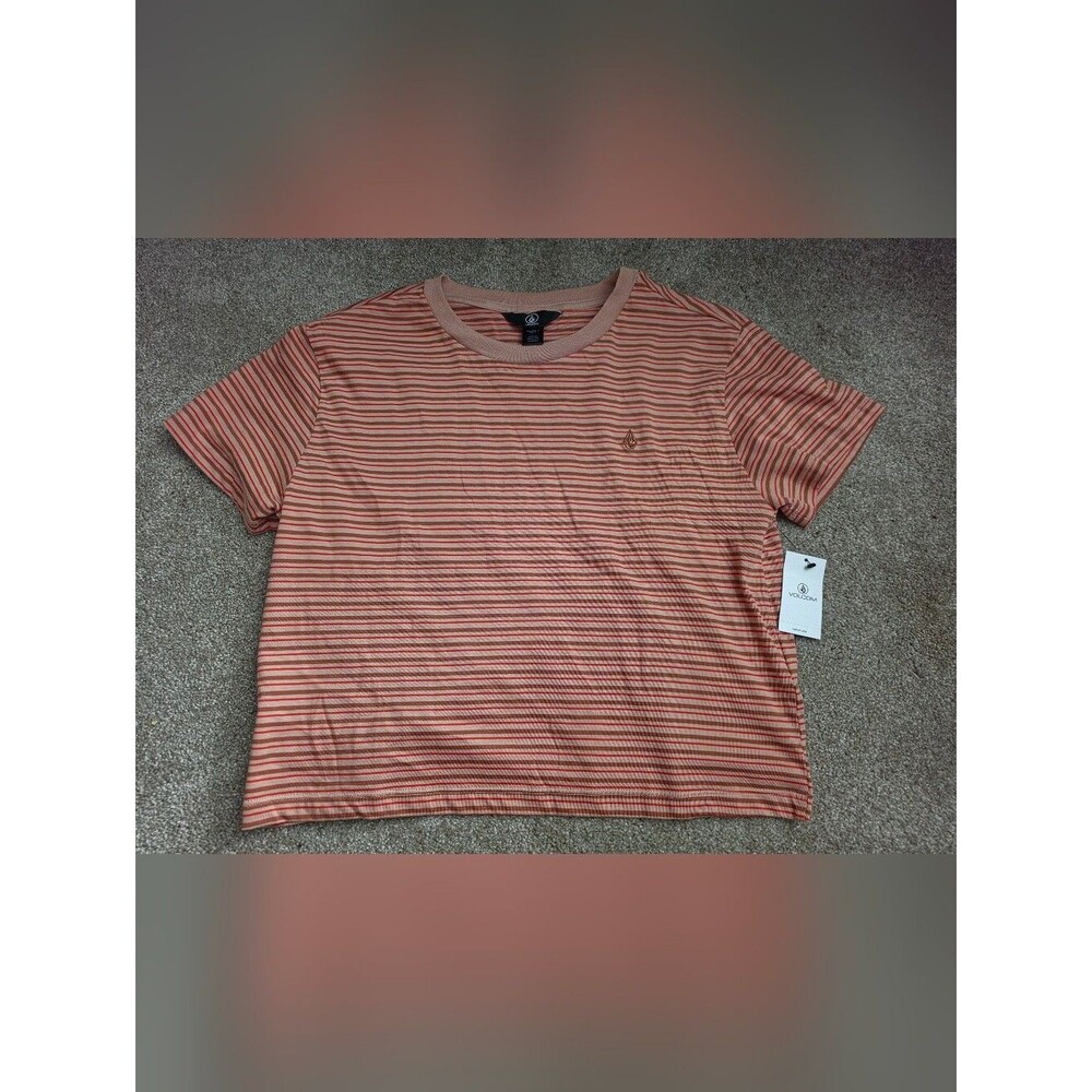 Volcom Men’s Peach and Coral Striped Crew T-Shirt